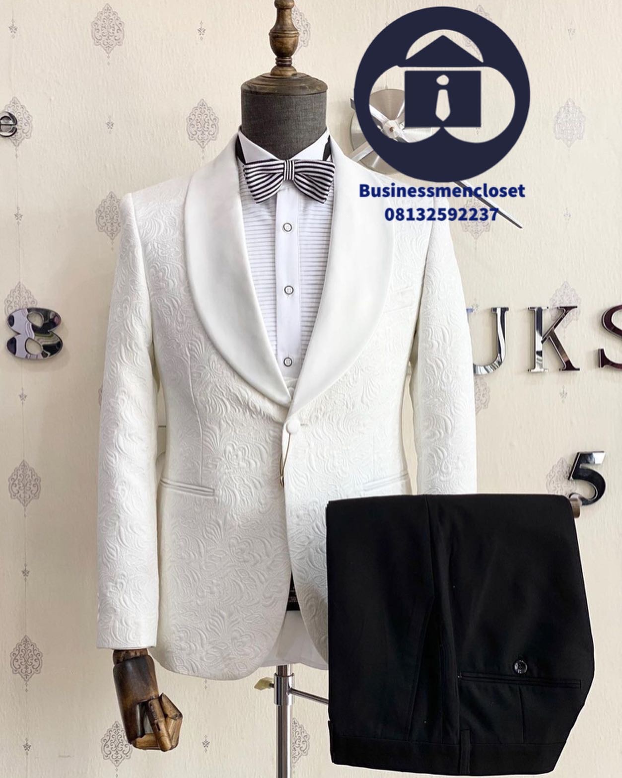 Jacquard 3pc Tuxedo Suit - Off White